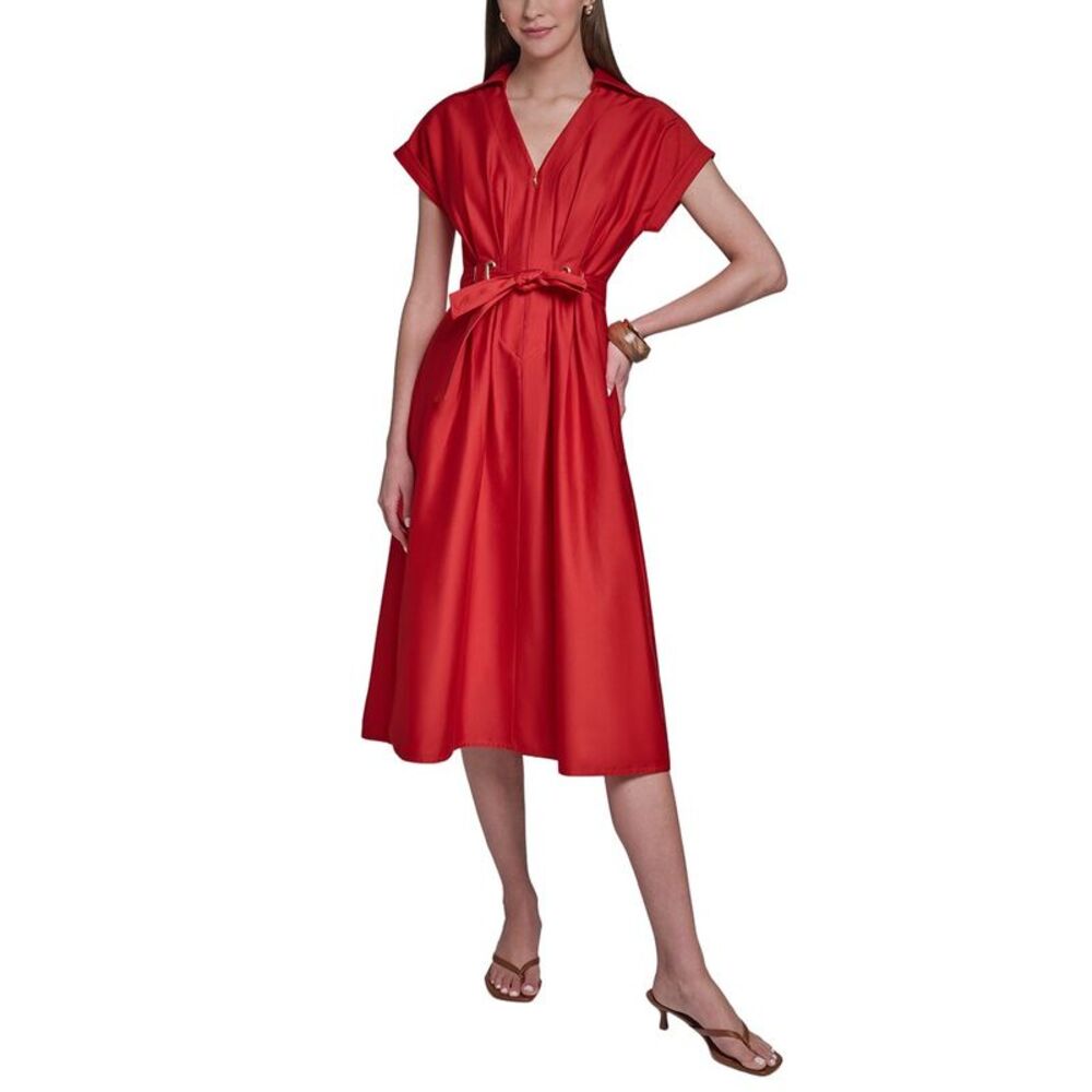 Halston Womens Cotton Sateen Midi Shirt Dress